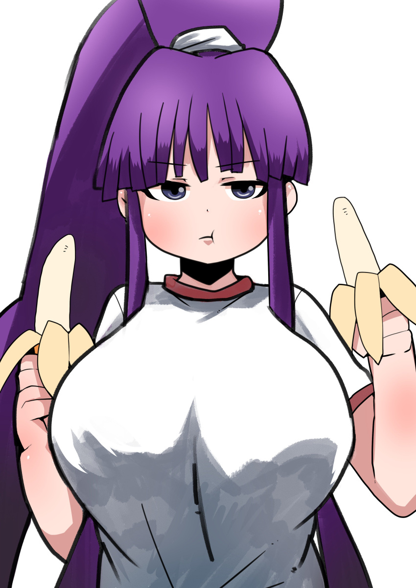 1girl, absurdres, arapan, banana, blunt_bangs, blush, breasts, eating