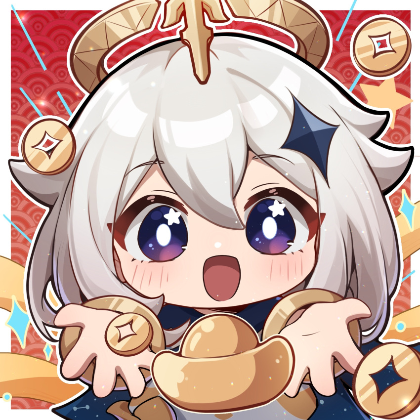 blue_cape, blue_eyes, blue_scarf, blush, border, cape, chibi, chinese_new_year