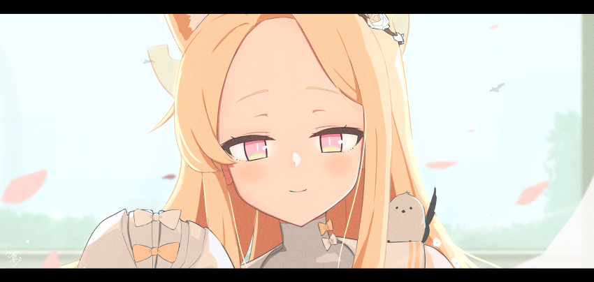 1girl, absurdres, animal, animal_ears, bird, blonde_hair, blue_archive, blush