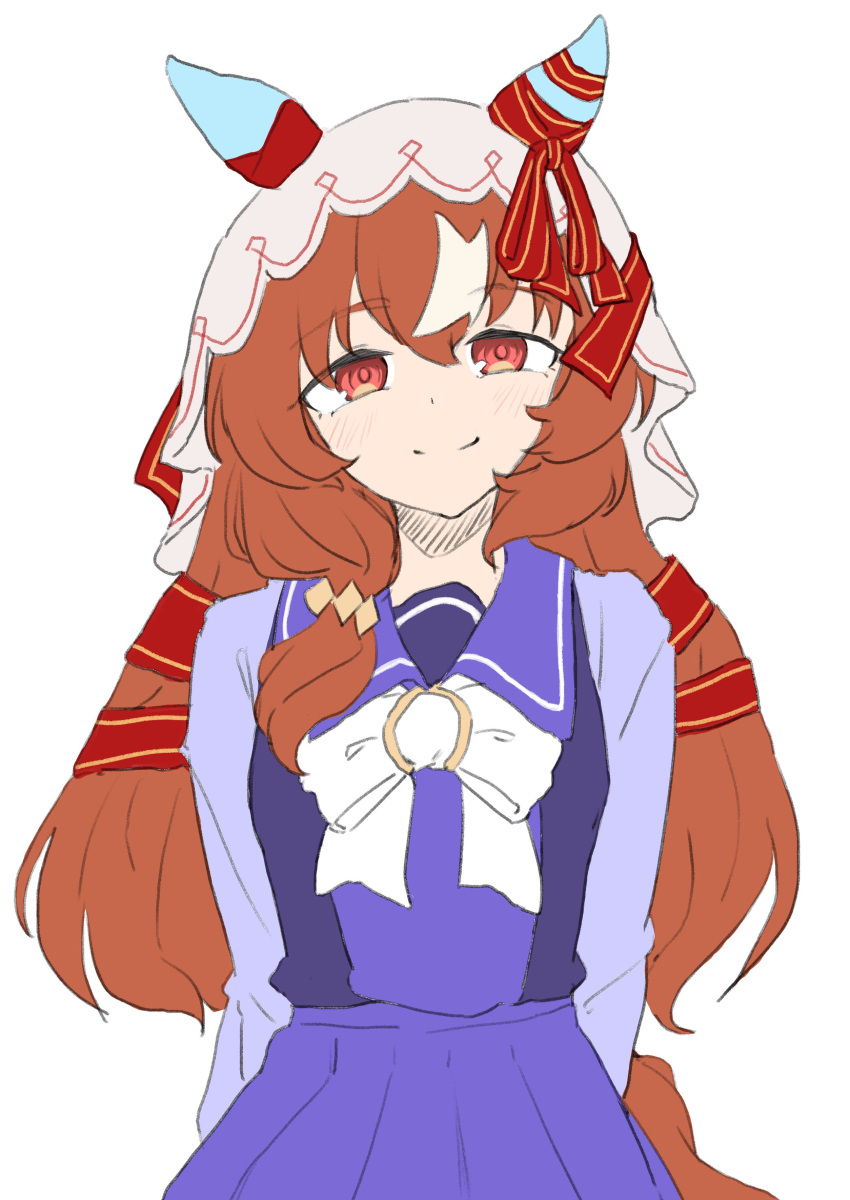 1girl, absurdres, animal_ears, arms_behind_back, breasts, brown_hair, closed_mouth, commentary_request