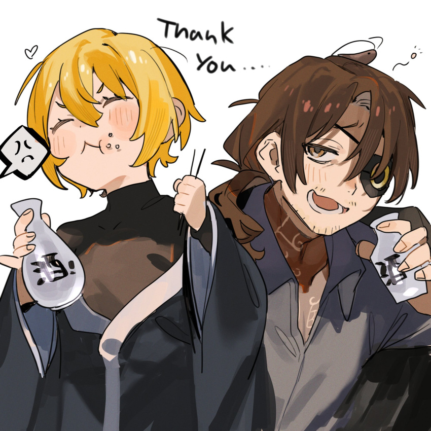 1boy, 1girl, black_coat, black_shirt, black_undershirt, blade_lineage_(identity)_(project_moon), brown_eyes, brown_hair