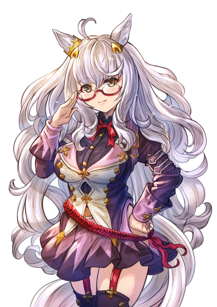1girl, adjusting_eyewear, ahoge, animal_ears, biwa_hayahide_(umamusume), breasts, buttons, closed_mouth