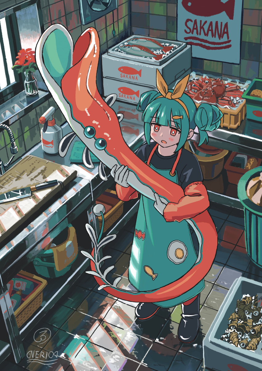 1girl, apron, aqua_apron, aqua_hair, black_shirt, blush_stickers, boots, bow