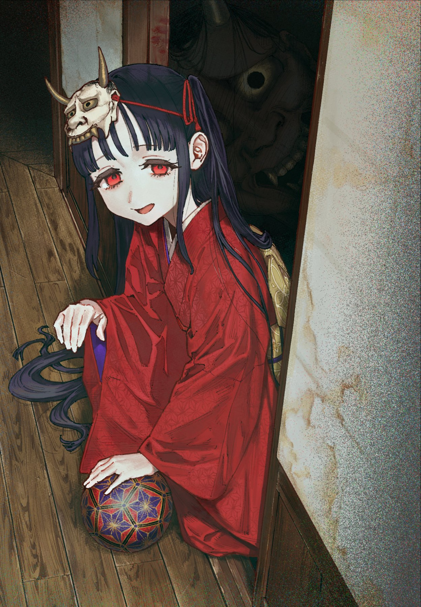 1girl, 1other, ball, black_hair, commentary_request, highres, horror_(theme), indoors