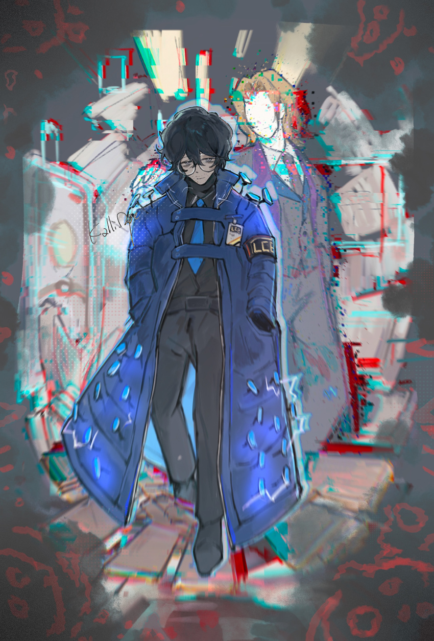 2boys, absurdres, aedd_(e.g.o), black_footwear, black_gloves, black_pants, black_shirt, blue_coat