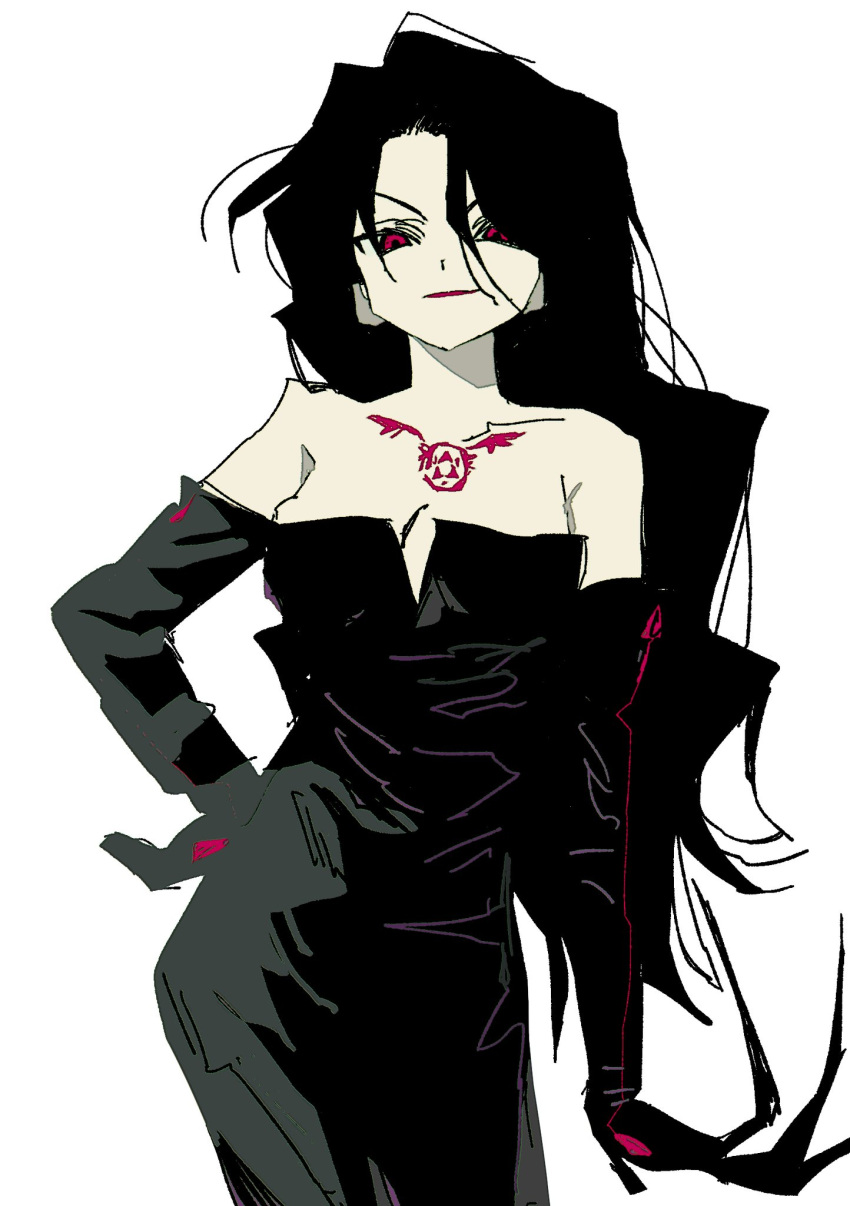 1girl, bare_shoulders, black_dress, black_gloves, black_hair, chest_tattoo, cowboy_shot, dress