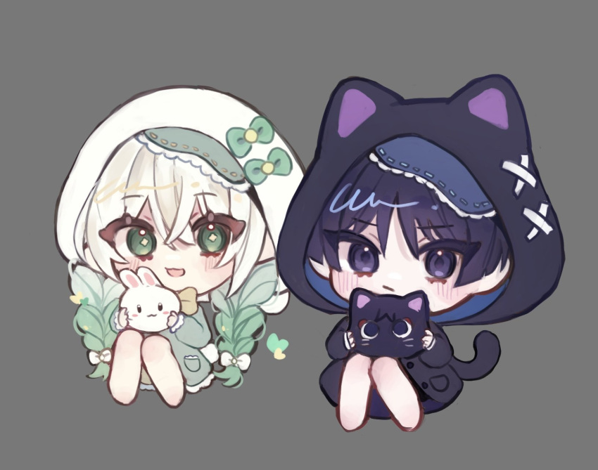 1boy, 1girl, alternate_costume, animal_ear_hood, bare_legs, black_hood, black_hoodie, black_jacket, black_sleeves, blouse, blunt_ends, blush, bow, bright_pupils, cat_tail, chibi, closed_mouth, cross-shaped_pupils, genshin_impact, gimmunyag, gradient_hair, green_bow, green_eyes, green_hair, green_jacket, green_sleeves, grey_background, hair_between_eyes, highres, holding, hood, hood_up, hooded_jacket, hoodie, jacket, knees_up, lace, long_sleeves, looking_at_viewer, multicolored_hair, nahida_(genshin_impact), open_mouth, pocket, purple_hair, rabbit, ribbon-trimmed_headwear, ribbon_trim, scaramouche_(genshin_impact), shirt, sitting, stuffed_animal, stuffed_toy, symbol-shaped_pupils, tail, violet_eyes, white_hair, white_hood, white_pupils