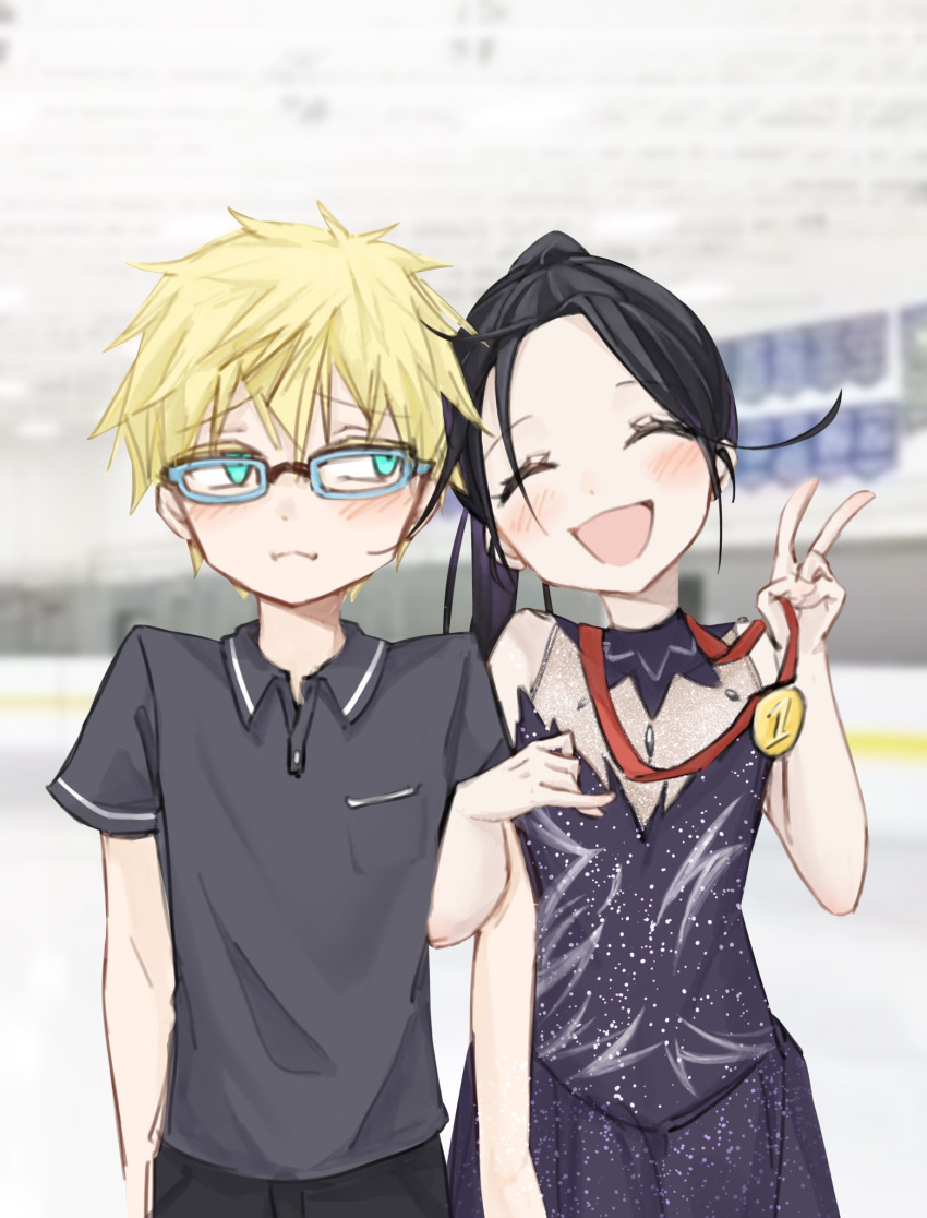 1boy, 1girl, areiaqaq, black_hair, blonde_hair, blush, closed_eyes, embarrassed