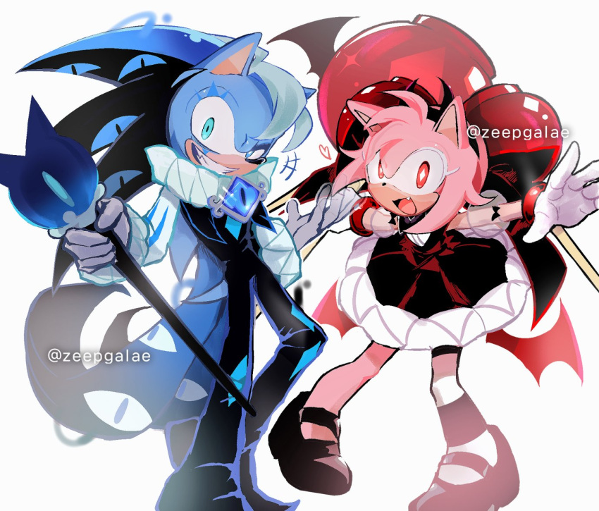 +++, 1boy, 1girl, :d, amy_rose, aqua_eyes, bare_shoulders, black_bodysuit