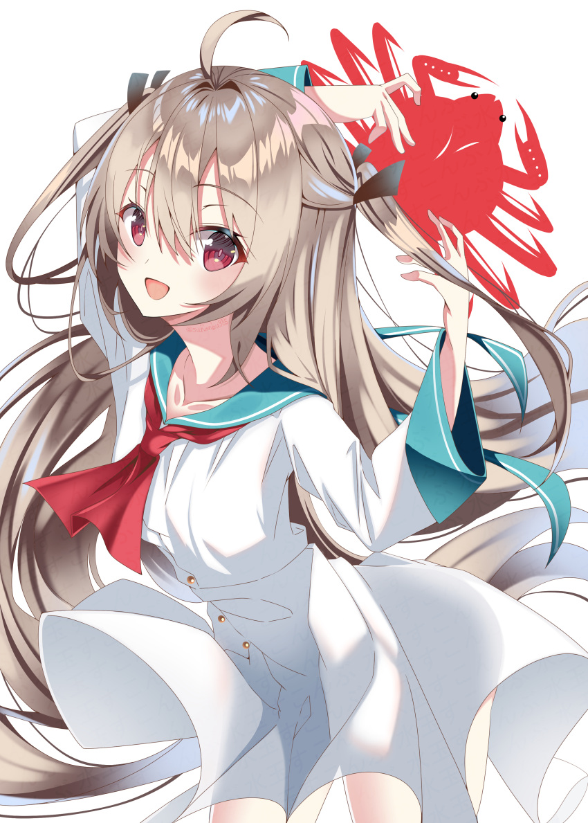1girl, :d, absurdres, ahoge, animal, arms_up, ascot, atri