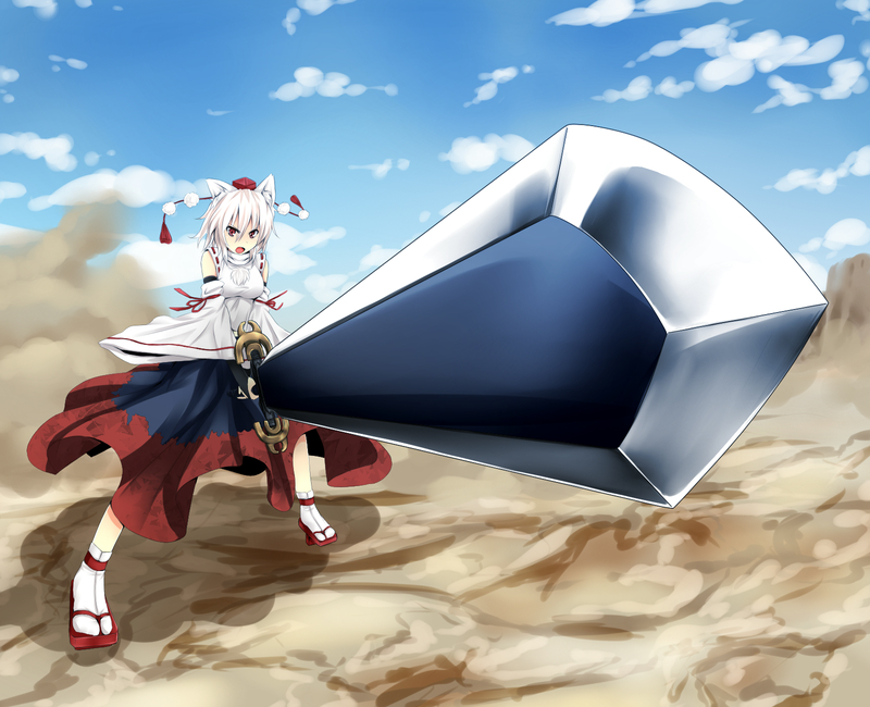 alternate_weapon, animal_ears, bad_id, detached_sleeves, dygenguar, fighting_stance, foreshortening, geta, hat, hekino_hayate, huge_weapon, inubashiri_momiji, parody, red_eyes, roten_(rotenburo), sandals, short_hair, silver_hair, solo, standing, sunrise_stance, super_robot_wars, super_robot_wars_original_generation, sword, tabi, tengu-geta, tokin_hat, touhou, weapon, white_hair, wolf_ears, zankantou