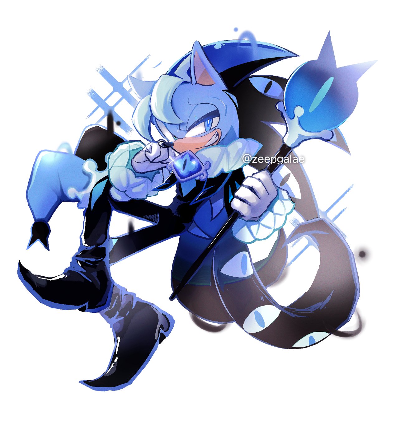 1boy, animal_nose, black_bodysuit, black_cape, blue_brooch, blue_cape, blue_eyes, bodysuit, boots, bright_pupils, cape, commentary, cookie_run, cookie_run:_kingdom, cosplay, english_commentary, extra_eyes, frilled_sleeves, frills, full_body, furry, furry_male, gloves, gradient_cape, grin, hand_on_own_cheek, hand_on_own_face, highres, holding, holding_staff, invisible_chair, knee_up, long_sleeves, looking_at_viewer, male_focus, neck_ruff, puffy_long_sleeves, puffy_sleeves, shadow_milk_cookie, shadow_milk_cookie_(cosplay), shapam_(zeepgalae), simple_background, sitting, smile, solo, sonic_(series), sonic_the_hedgehog, staff, twitter_username, uneven_eyes, white_background, white_gloves, white_pupils