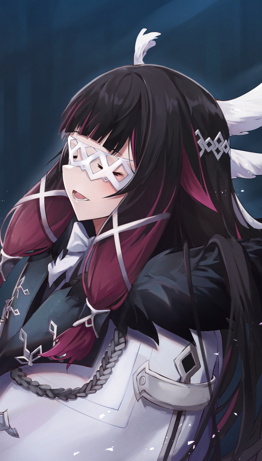 1girl, absurdres, black_hair, closed_eyes, coat, columbina_(genshin_impact), eye_mask, fatui_coat