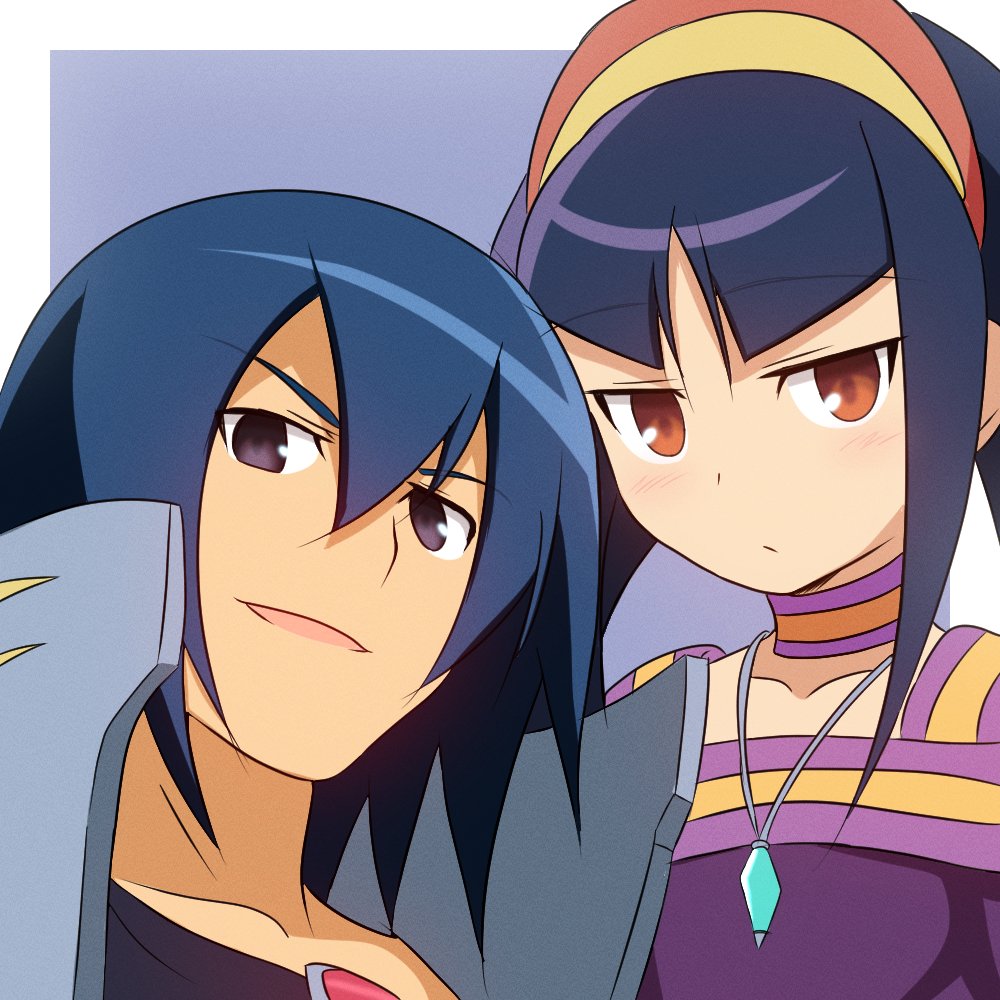 1boy, 1girl, a.c._eos_(mega_man), black_eyes, black_hair, blue_background, border, brown_eyes