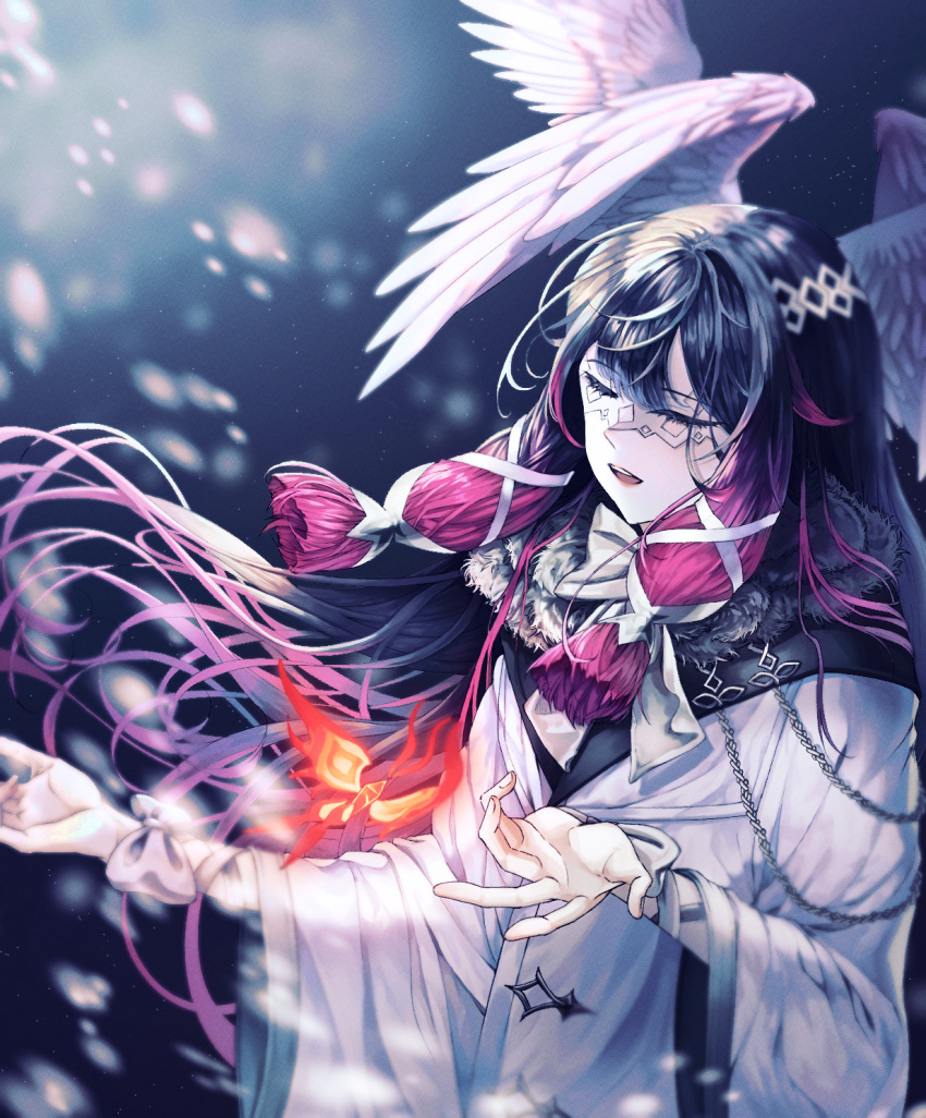 1girl, black_hair, closed_eyes, coat, columbina_(genshin_impact), dress, eye_mask, fatui_coat