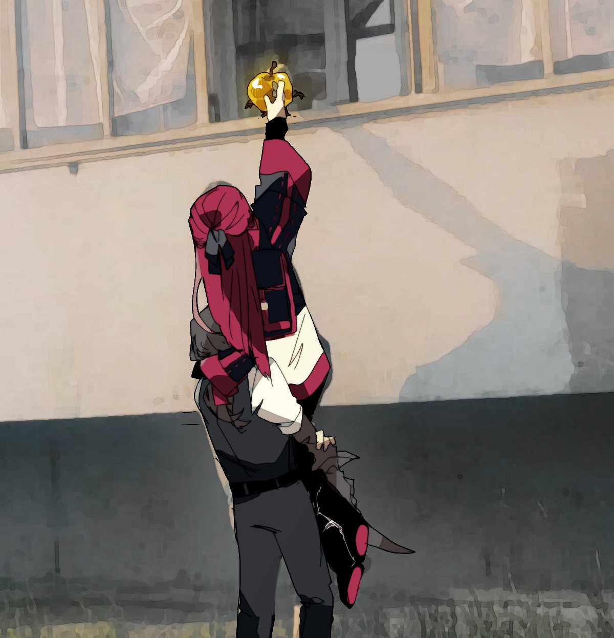 1boy, 1girl, apple, arm_up, belt, black_belt, black_bow, black_jacket