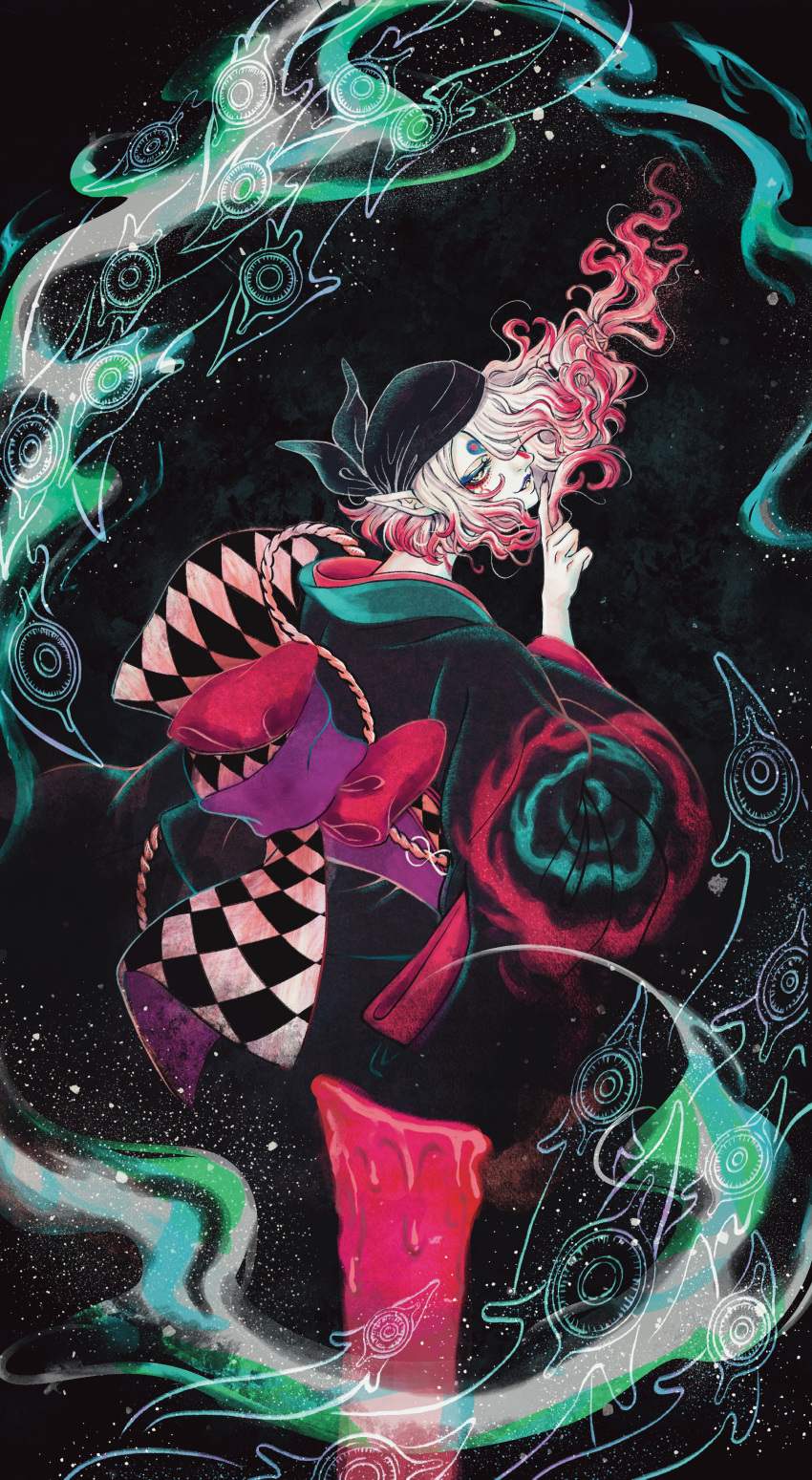 1boy, absurdres, back_bow, bandana, black_background, black_bandana, black_kimono, black_nails
