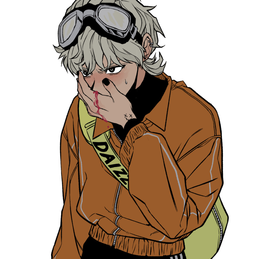 1boy, arm_at_side, bag_behind_back, black_eyes, black_nails, black_pants, black_shirt, blood