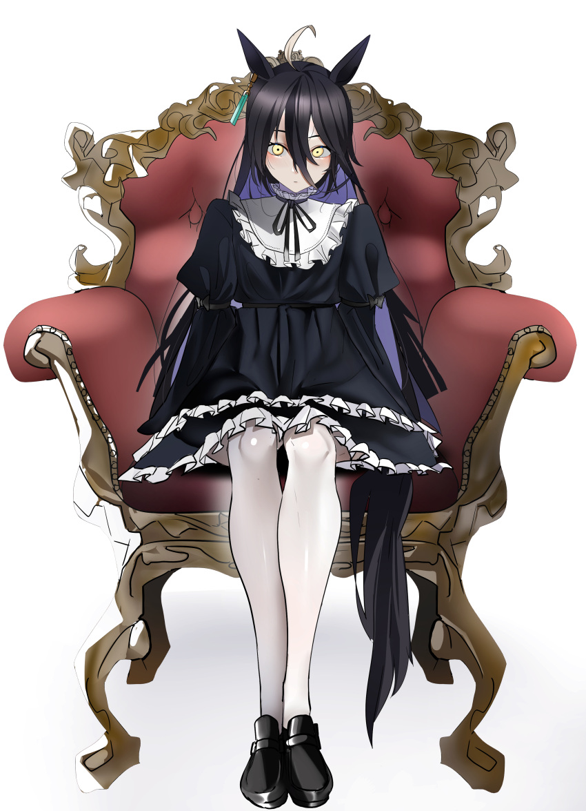 1girl, absurdres, ahoge, animal_ears, black_dress, black_footwear, chair, colored_inner_hair