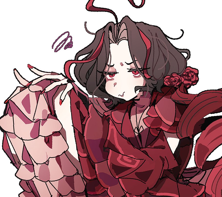 1girl, ahoge, braid, closed_mouth, dress, flower, frilled_dress, frills