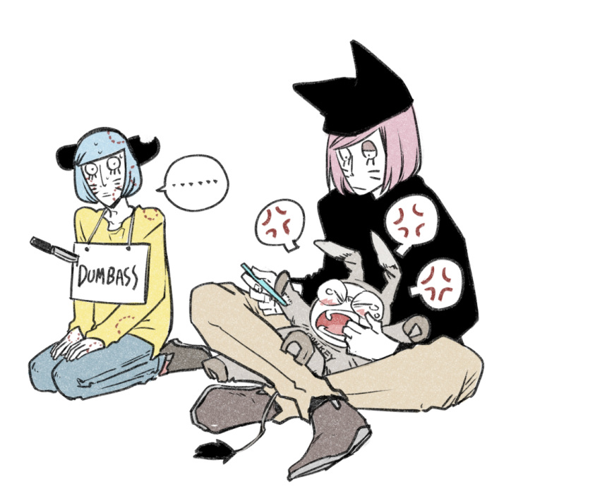 ..., 3boys, aged_down, anger_vein, animal_hat, bite_mark, blue_hair, cat_hat