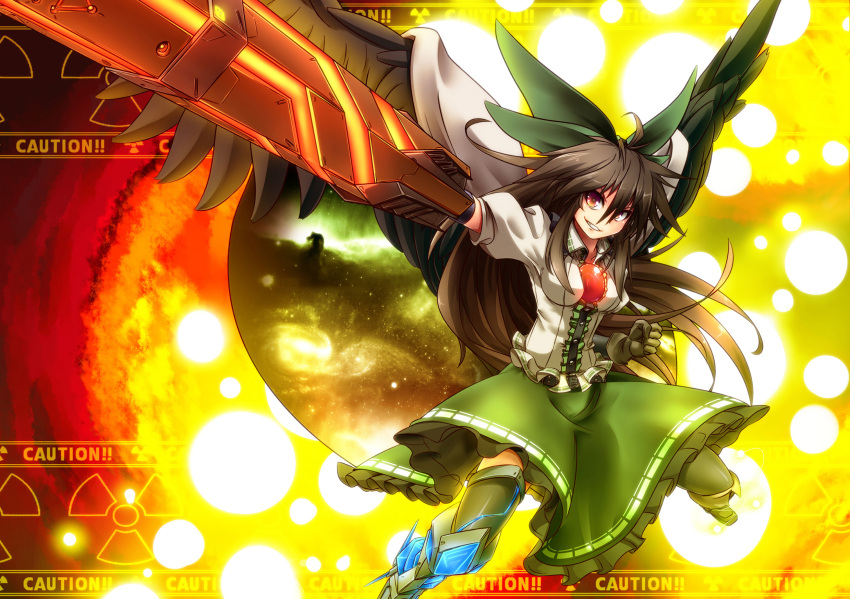 alternate_weapon, arm_cannon, asymmetrical_clothes, asymmetrical_clothing, bow, brown_hair, cape, grin