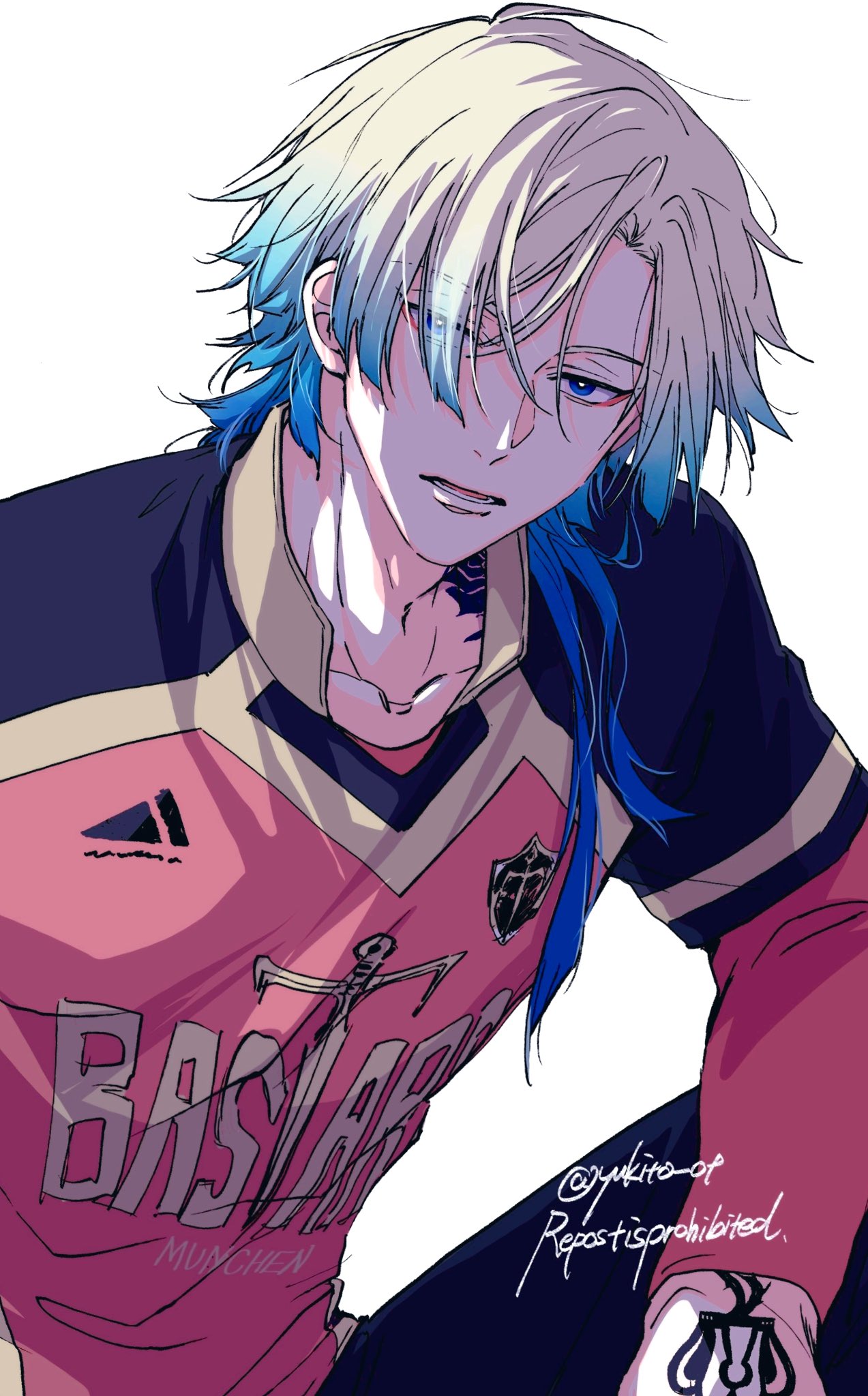 1boy, arm_rest, arm_tattoo, artist_name, backlighting, black_pants, black_shirt, blonde_hair
