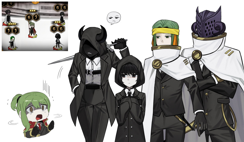 1girl, 4boys, allen_(project_moon), allen_(project_moon)_(cosplay), asdf1211950, black_coat, black_eyes, black_gloves, black_hair, black_jacket, black_pants, black_skin, black_souls, brooch, buttons, cape, closed_mouth, coat, colored_skin, cosplay, cowboy_shot, ezwald_(black_souls), fake_horns, folded_ponytail, gloves, gold_trim, green_hair, hein_(black_souls), helmet, highres, horned_helmet, horns, jacket, jewelry, lapels, librarian_(project_moon), library_of_ruina, lindamea_(black_souls), looking_to_the_side, martina_(project_moon), martina_(project_moon)_(cosplay), miranda_(black_souls), multiple_boys, netzach_(project_moon), notched_lapels, nugget_(project_moon), open_mouth, pants, project_moon, shaded_face, short_hair, simple_background, sleeves_past_fingers, sleeves_past_wrists, white_background, white_cape