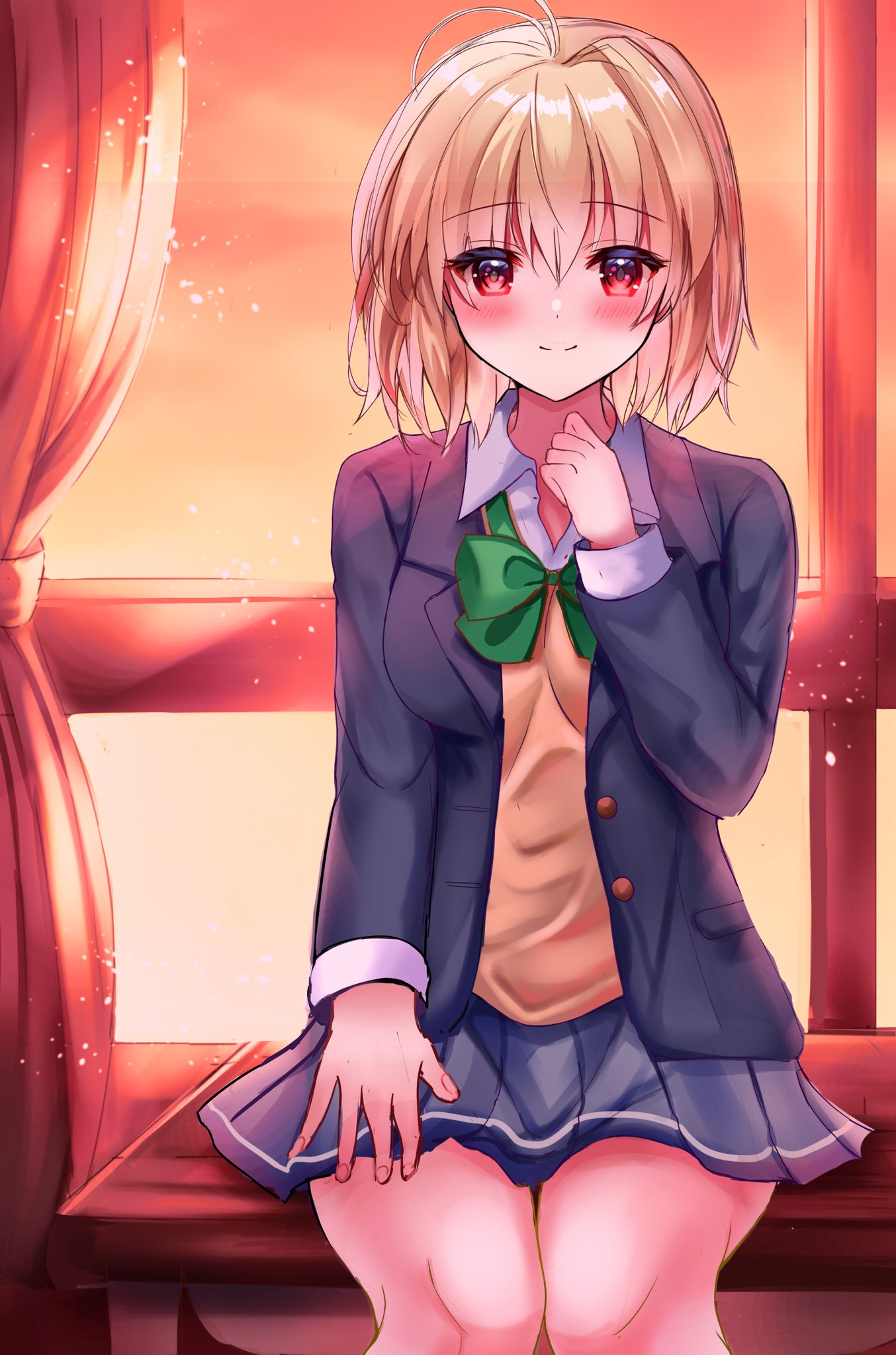 1girl, antenna_hair, arcueid_brunestud, black_jacket, black_skirt, blonde_hair, blush, cowboy_shot
