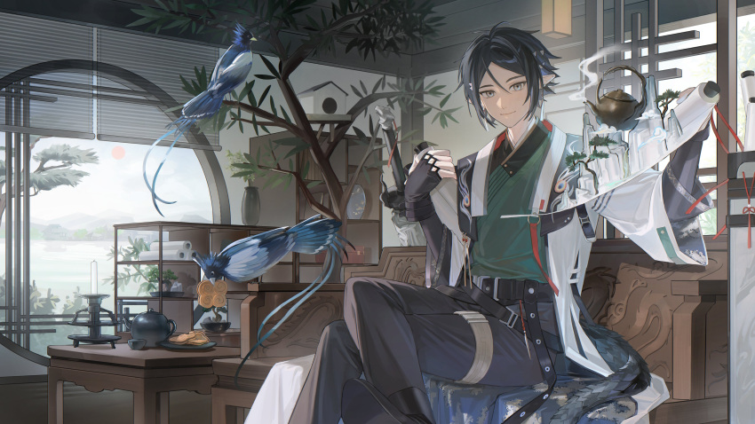 1boy, absurdres, architecture, arknights, bird, birdhouse, black_gloves, black_hair