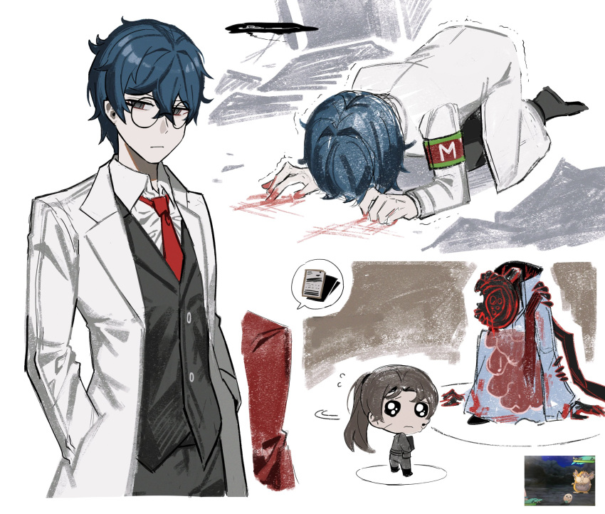 2boys, asdf1211950, black_vest, blue_hair, brown_hair, closed_mouth, coat, collared_shirt
