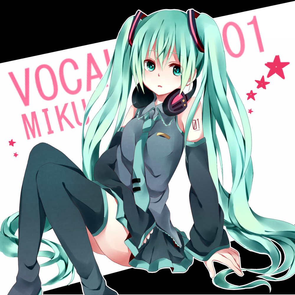 aqua_eyes, aqua_hair, arm_support, bad_id, boots, detached_sleeves, hatsune_miku, headphones