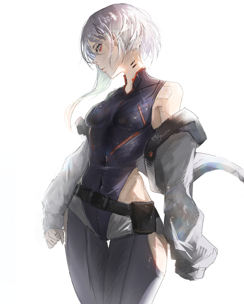 1girl, absurdres, bare_shoulders, cyberpunk, cyberpunk_(series), cyberpunk_edgerunners, cyborg, eyeliner, highres, jacket, leotard, looking_at_viewer, lucy_(cyberpunk), makeup, multicolored_hair, off_shoulder, parted_bangs, red_eyeliner, red_lips, shiszukaa, short_hair, sleeveless_leotard, solo, white_background, white_hair, white_jacket