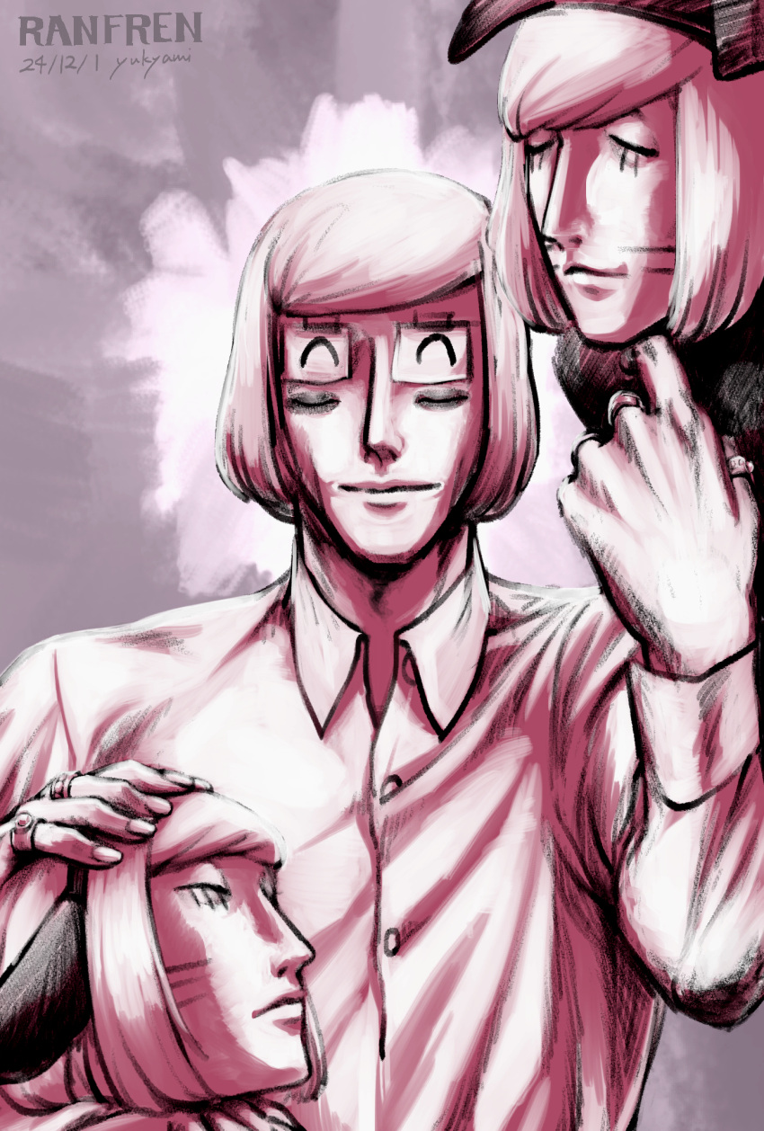 3boys, animal_hat, cat_hat, closed_eyes, commentary_request, extra_eyes, facial_mark, hat
