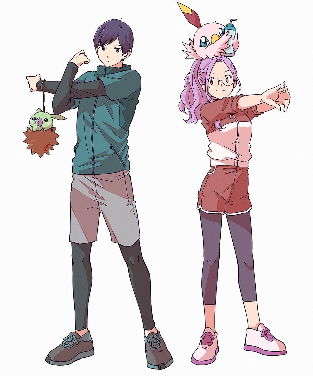 1boy, 1girl, aqua_jacket, black_eyes, black_hair, black_leggings, blonde_hair, brown_eyes