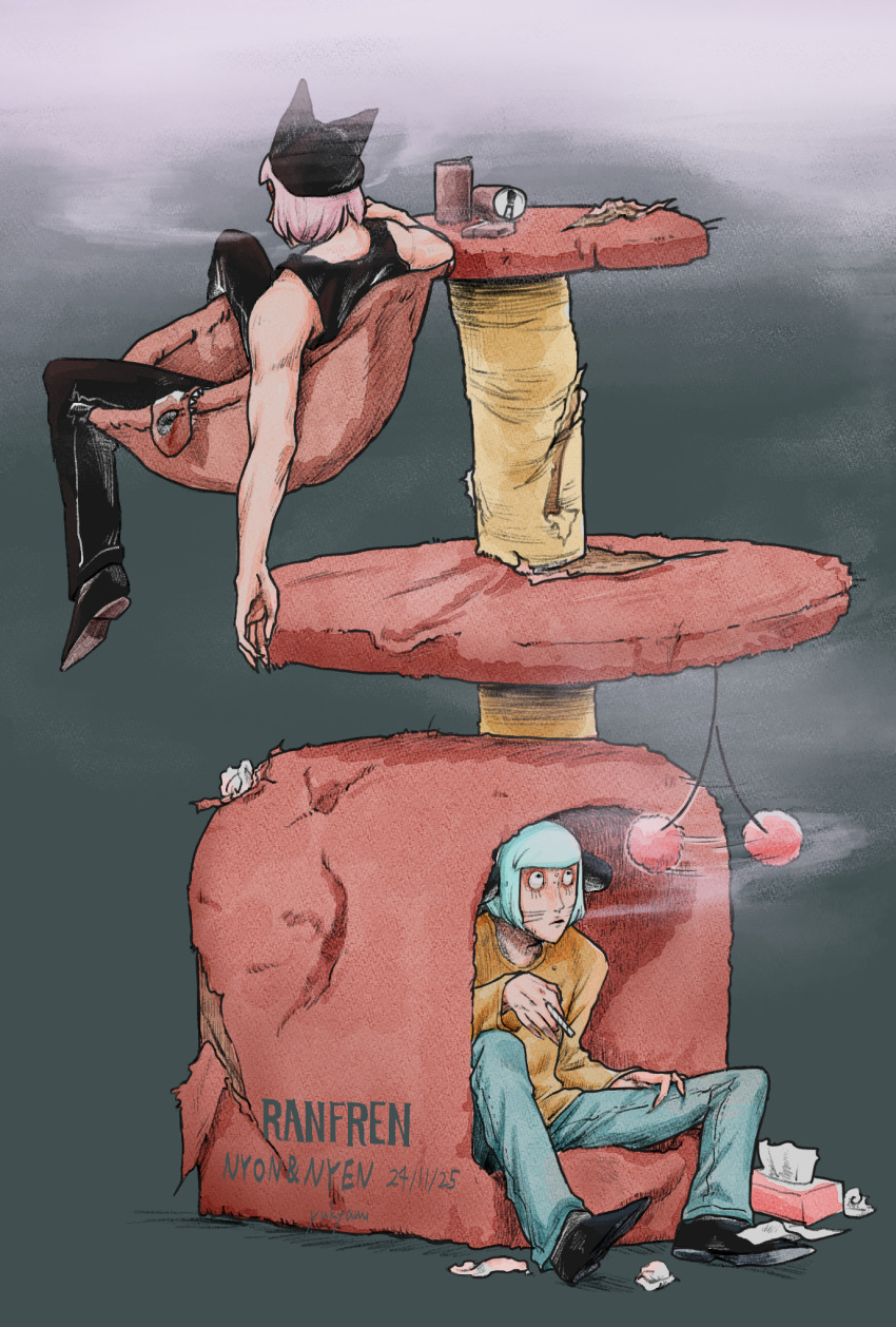 2boys, animal_hat, beer_can, black_tank_top, blue_hair, can, cat_hat, cat_house