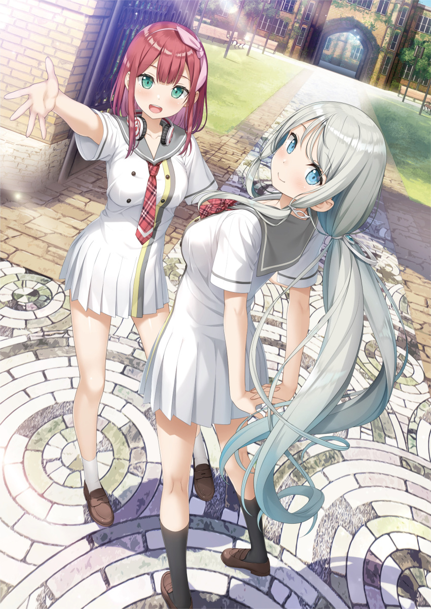 2girls, absurdres, blue_eyes, dress, green_eyes, grey_sailor_collar, headphones, headphones_around_neck