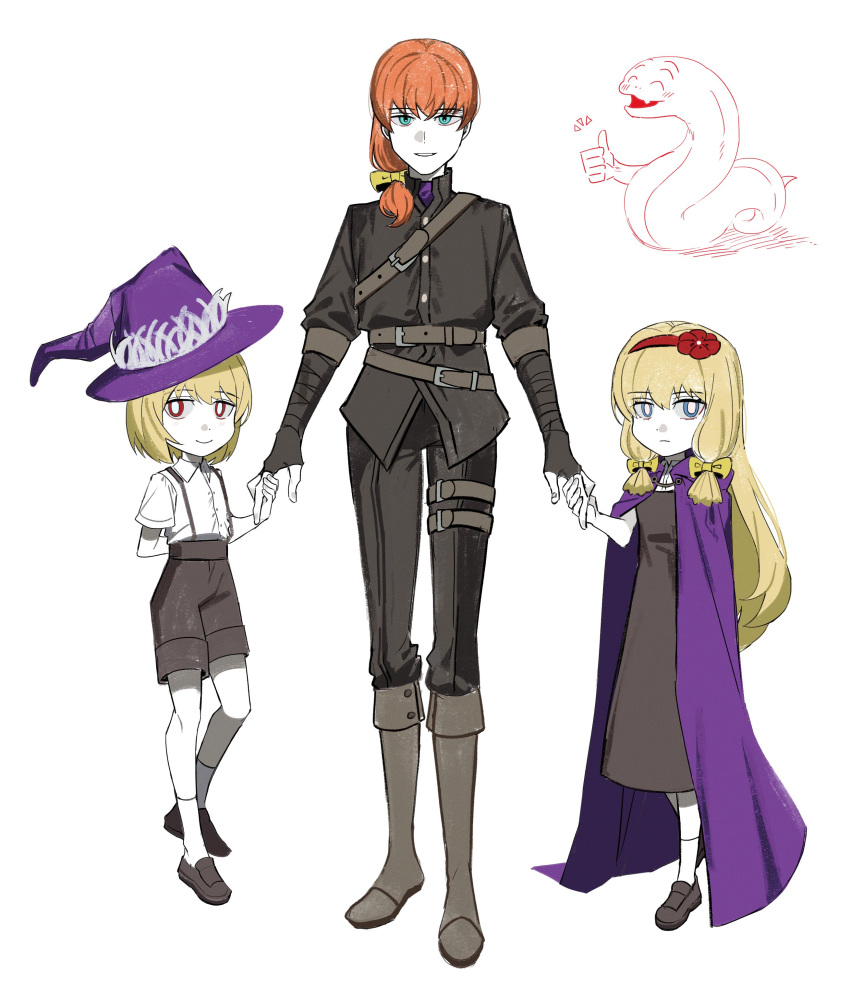 1girl, 2boys, absurdres, asdf1211950, black_souls, blonde_hair, blue_eyes, boots