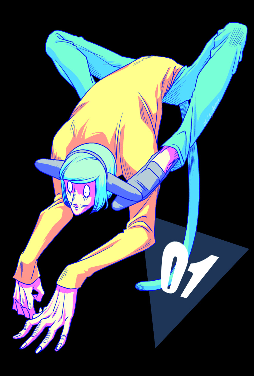 1boy, aqua_hair, black_background, cat_boy, cat_tail, commentary_request, contortion, facial_mark