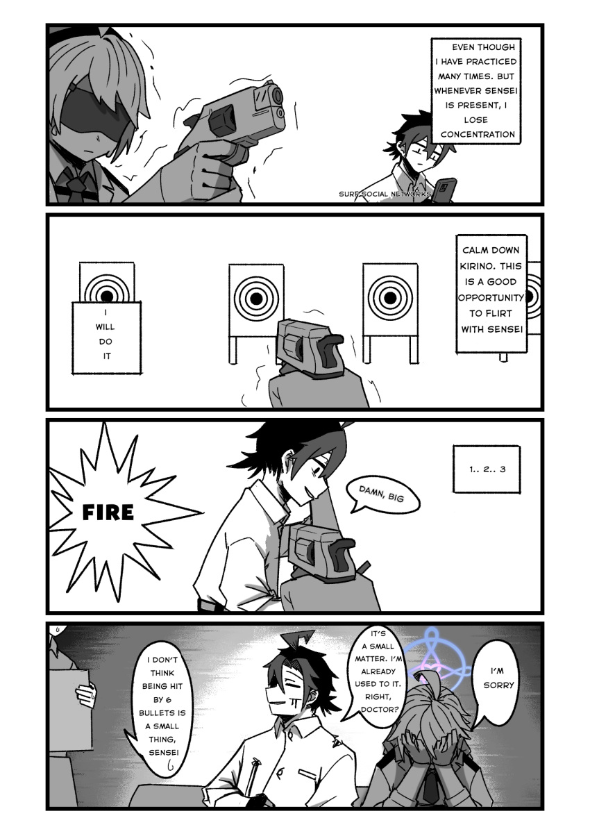 1boy, 2girls, ahoge, aiming, bench, bleeding, blood, blue_archive