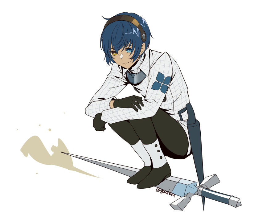 1boy, androgynous, black_footwear, black_gloves, black_pants, blue_eyes, blue_hair, closed_mouth