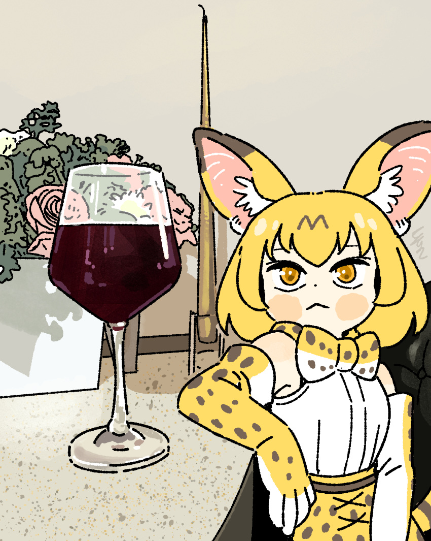 1girl, abdula, alcohol, animal_ear_fluff, animal_ears, blonde_hair, blush, bow, bowtie, cat_ears, cat_girl, closed_mouth, commentary_request, counter, cowboy_shot, cup, drinking_glass, elbow_gloves, expressionless, flower, gloves, highres, indoors, kemono_friends, korean_commentary, looking_at_viewer, meme, photo-referenced, pink_flower, pink_rose, print_bow, print_bowtie, print_gloves, print_skirt, red_wine, rose, serval_(kemono_friends), serval_print, shirt, skirt, sleeveless, sleeveless_shirt, solo, stepan_the_cat_(meme), white_shirt, wine, wine_glass, yellow_bow, yellow_bowtie, yellow_eyes