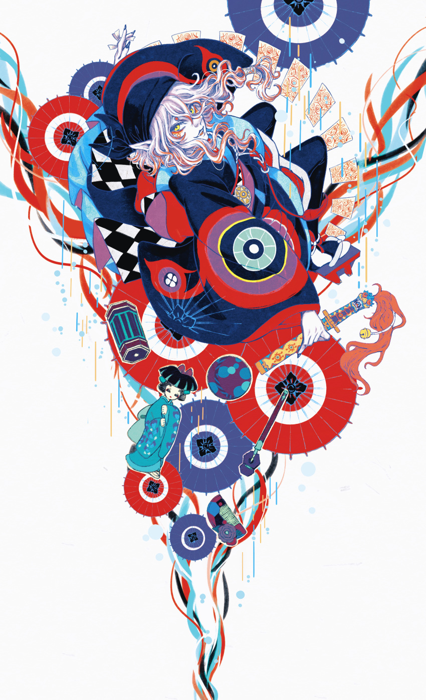 1boy, absurdres, back_bow, ball, bandana, blue_bandana, blue_kimono, blue_leggings
