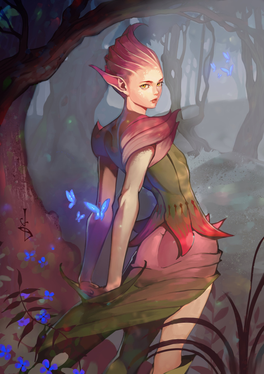 1boy, absurdres, androgynous, arms_behind_back, blue_butterfly, blue_flower, breath_of_fire, breath_of_fire_ii, bug, butterfly, closed_mouth, colored_skin, flower, forest, fumezu1, highres, looking_at_viewer, male_focus, nature, outdoors, own_hands_clasped, own_hands_together, pink_eyes, pink_hair, pink_skin, pointy_ears, short_hair, solo, spar, upper_body