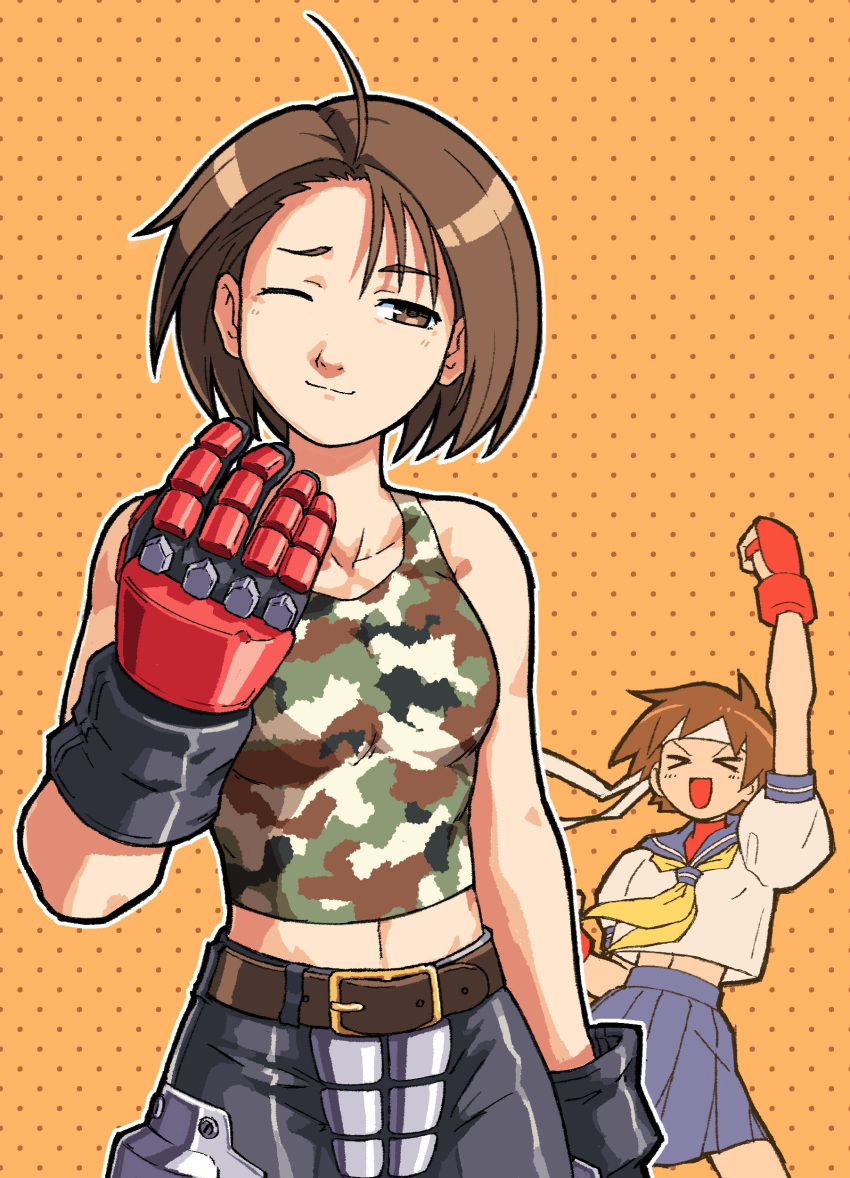 >_<, 2girls, :d, absurdres, armored_gloves, bare_shoulders, belt, black_pants