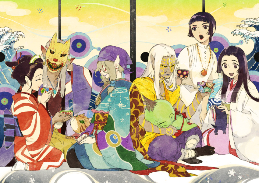 3girls, 4boys, :d, :o, ^_^, animal_on_lap, aqua_kimono, ayakashi:_japanese_classic_horror