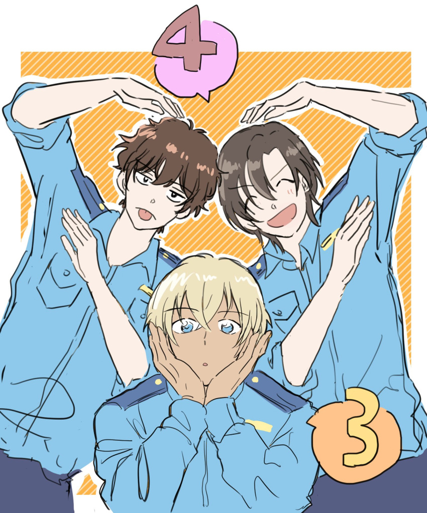 3boys, ^_^, amuro_tooru, beeemaru02, blonde_hair, blue_eyes, blue_shirt, brown_hair