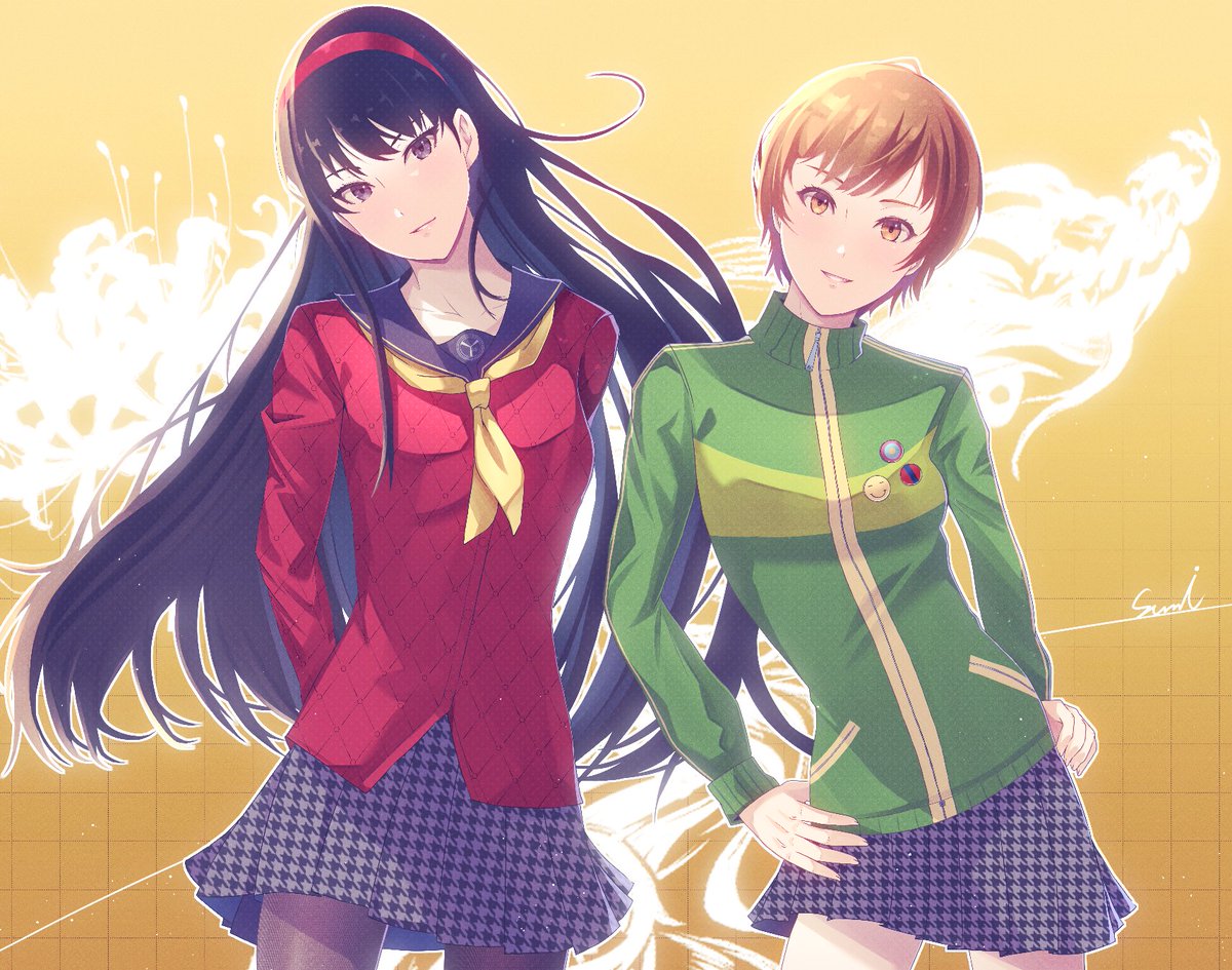 2girls, amagi_yukiko, arms_behind_back, black_hair, blunt_bangs, brown_eyes, brown_hair, commentary_request
