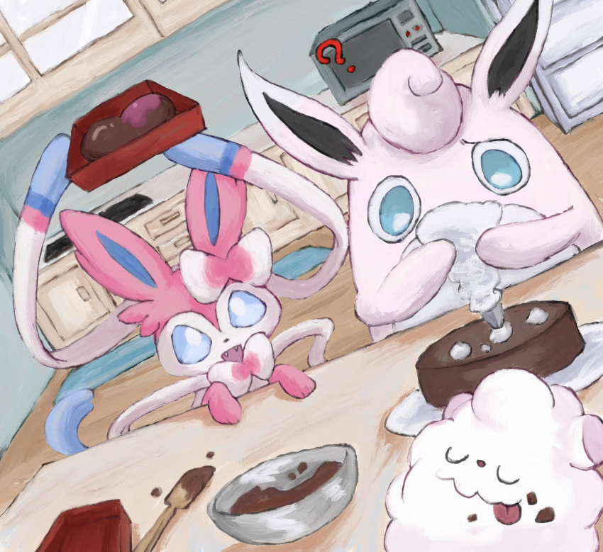 ?, blue_eyes, bow, bowl, cake, candy, chocolate, fangs