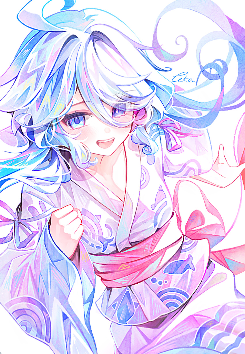 1girl, absurdres, ahoge, alternate_costume, animal_print, blue_eyes, blue_hair, commentary_request, fish_print, furina_(genshin_impact), genshin_impact, heterochromia, highres, japanese_clothes, kimono, long_hair, open_mouth, purple_kimono, solo, teeth, touka_(pixiv71609120), upper_teeth_only, white_background
